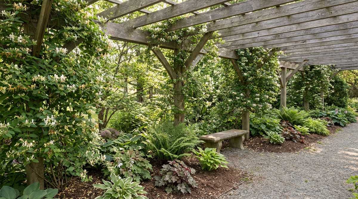 A charming pergola structure covered with fragrant honeysuckle vines, creating dappled shade for shade-loving perennials in a cottage garden setting. The overhead beams are spaced 12-18 inches apart to provide structural support while allowing filtered sunlight to reach the plants below.