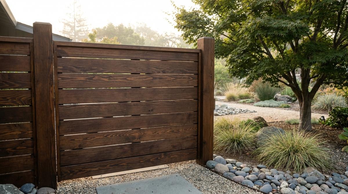 A contemporary Japanese garden gate featuring stacked horizontal planks between vertical posts, emphasizing width with linear grain direction. The design uses 2x6 or 2x8 planks with shiplap or tongue-and-groove edges for weather-tight connections, creating a modern interpretation that respects material honesty and minimizes visual busyness in contemplative garden settings.