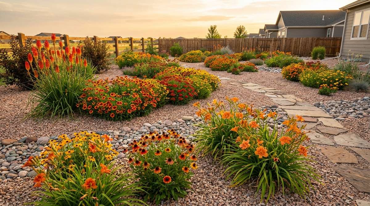 A vibrant gravel garden bed featuring a fiery hot sunset scheme with blanket flowers, red-hot poker (Kniphofia), orange daylilies, and Mexican hat coneflowers, arranged in bold drifts for a high-energy, contemporary or desert-themed landscape.