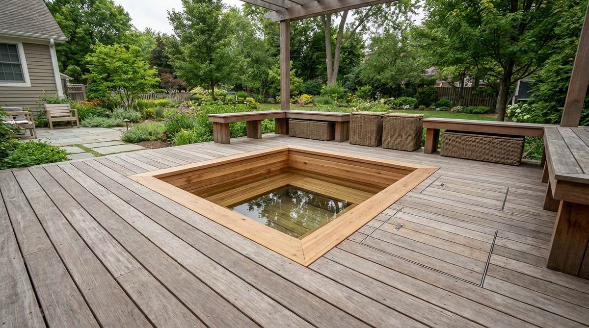 A sunken hot tub seamlessly integrated into a wooden deck surface, showing flush installation with discreet equipment access hatches and surrounding deck space for seating and storage.