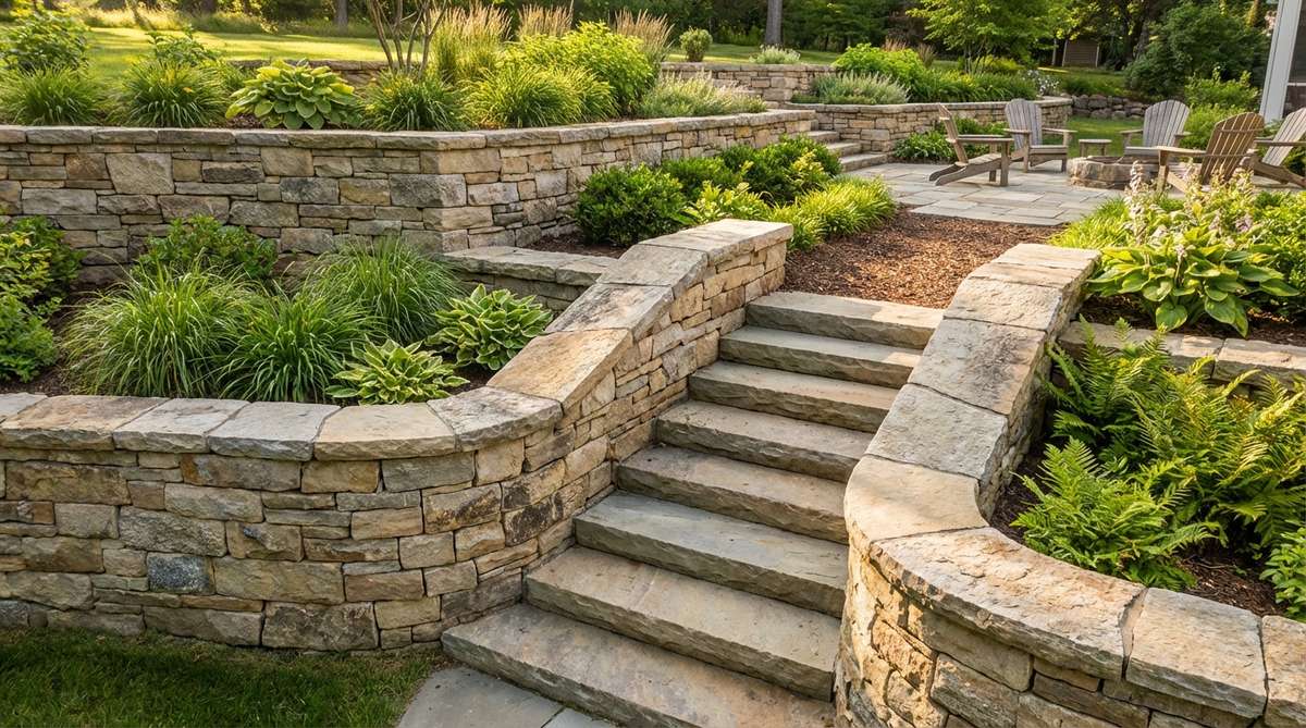Stone garden wall with integrated stairs built into terraced design, showing how stone steps provide access while maintaining visual continuity with matching materials. Features stair treads with forward pitch for water runoff and extended wall caps forming handrails for safety on sloped properties.