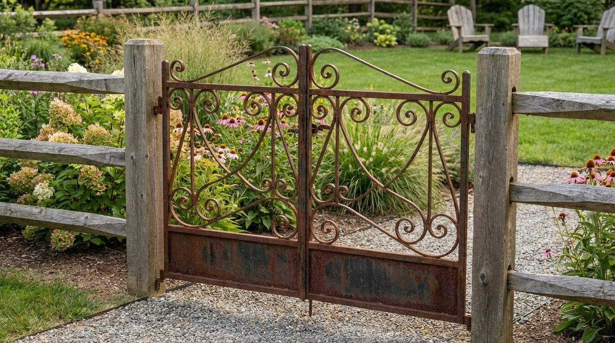 A salvaged wrought iron gate with intricate scrollwork and natural rust patina, used as a garden partition to divide spaces while allowing visual permeability. It adds formal architectural structure to rustic plantings, installed between weathered posts or integrated into split-rail fences, with options to leave the rust unsealed for continued aging or stabilized with sealers.