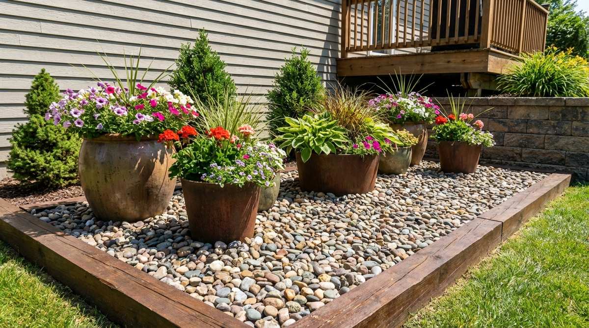 A shallow raised bed filled with river rock holds oversized planters with flowers and foliage, creating a low-maintenance garden scene that sparkles in the sun.