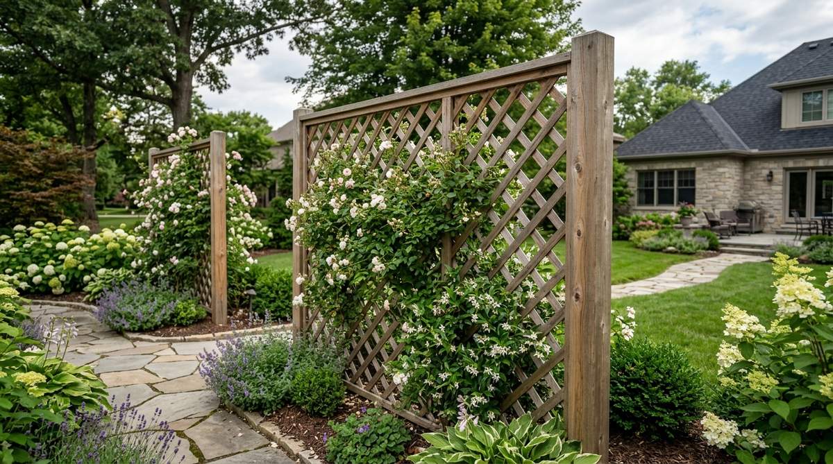 A garden lattice privacy screen made of cedar or vinyl with a diagonal grid pattern, partially covered with climbing roses and jasmine. The semi-transparent barrier defines garden spaces while maintaining airflow and preserving views.