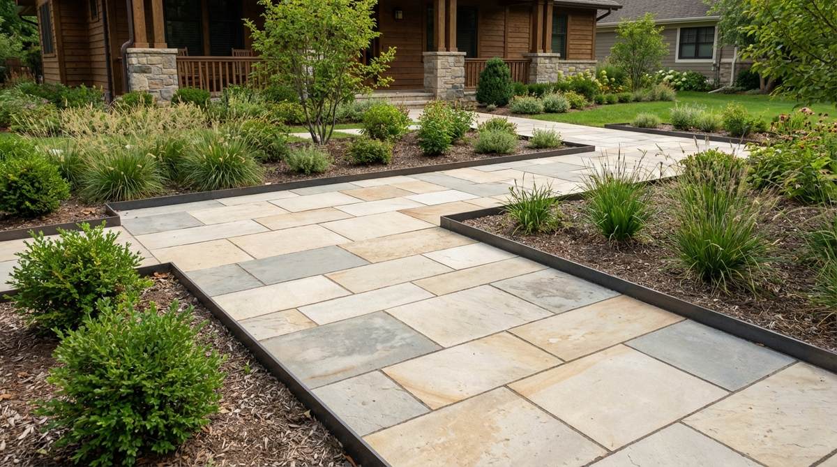 A refined garden pathway featuring smooth-cut limestone pavers in warm cream or gray tones, showcasing natural color variations and subtle sophistication. The walkway is laid in a classic running bond pattern with crisp steel or stone borders, set in a front yard garden design, highlighting the material's weathered patina and elegant appeal.