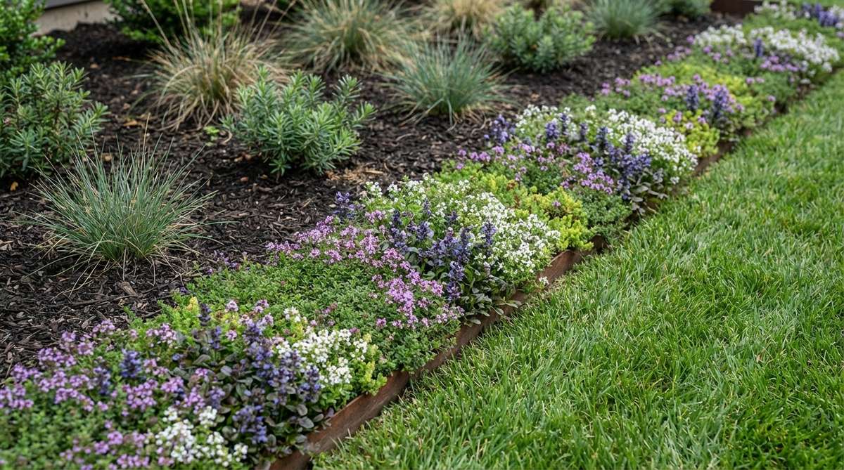 A close-up view of a 12-inch-wide band of low creeping thyme, sedum, or ajuga groundcover planted between a contemporary garden bed and surrounding lawn. The living buffer softens the hard edge of the bed while providing natural weed suppression, blending the structured bed into a naturalistic landscape.