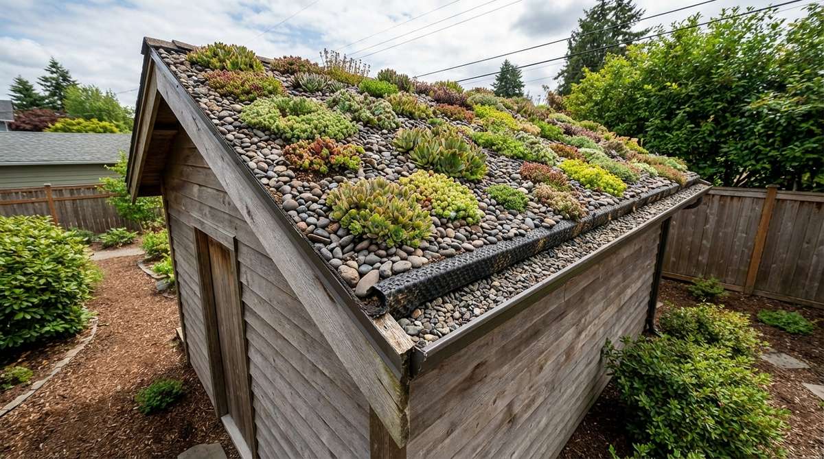 A small garden rockery transformed into a living roof on a shed or garage, featuring lightweight growing medium with drought-tolerant alpine plants like sedum and sempervivum. The installation includes a root barrier and drainage layer, showcasing vertical space utilization without consuming ground footprint.