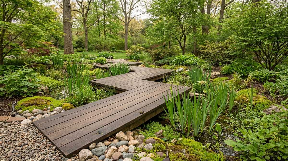A low-profile marsh walkway with zigzag planks set at ground level through wetland vegetation in a Japanese garden. The minimal elevation design allows visitors to closely observe frogs, insects, and emerging iris shoots while maintaining ecological integrity. The planks are laid on a crushed stone base with proper drainage to prevent standing water.