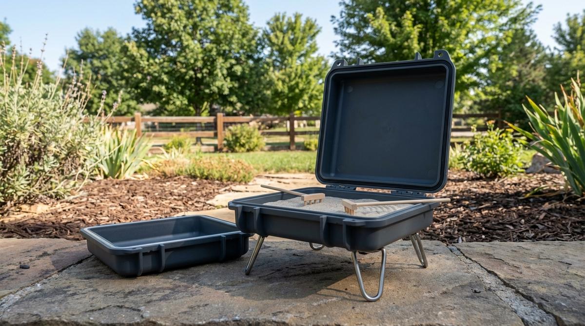 Compact 5x5-inch travel case with magnetic lid seal and fold-out legs that transform into a stable raking platform for mini zen garden sand patterns. Made from impact-resistant polymer for durability during travel.