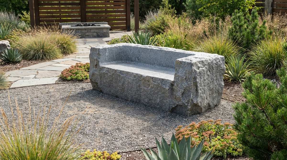 A massive monolithic stone bench carved from a single piece of natural stone, serving as a permanent landscape anchor in a contemporary garden. The bench showcases authentic stone material and engineering craftsmanship, with its substantial visual weight providing stability and timeless appeal that contrasts with surrounding plantings.