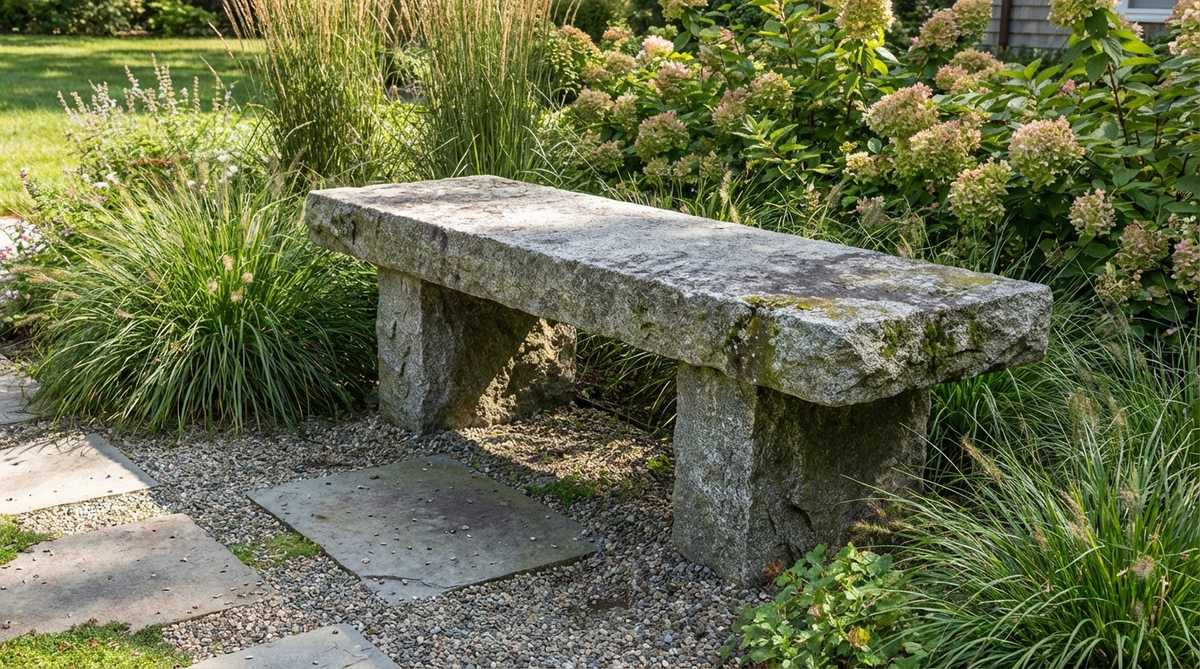 A solid stone bench slab, supported by stone piers, providing permanent seating with a timeless presence. The substantial mass conveys permanence, suitable for memorial installations or formal garden decor. The stone surface weathers naturally, developing character over decades, and can be personalized with carving or engraving, requiring zero maintenance.
