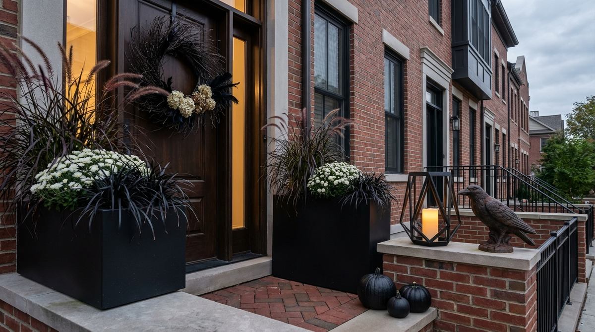 A modern and chic Halloween porch decor featuring a minimalist black theme with restrained props like matte black planters, dark foliage, white blooms, an oversized wreath, a sculptural lantern, and a dramatic raven statue, ideal for small city stoops and adaptable for year-round use.