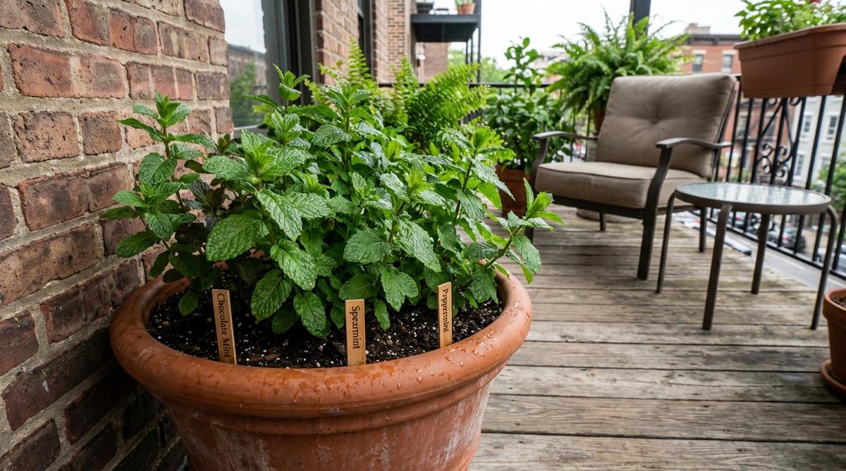 A vibrant mint plant growing in a container on an urban balcony, showcasing its lush green leaves in a shaded, moist environment ideal for balcony gardening, with varieties like chocolate, spearmint, and peppermint suitable for culinary uses.