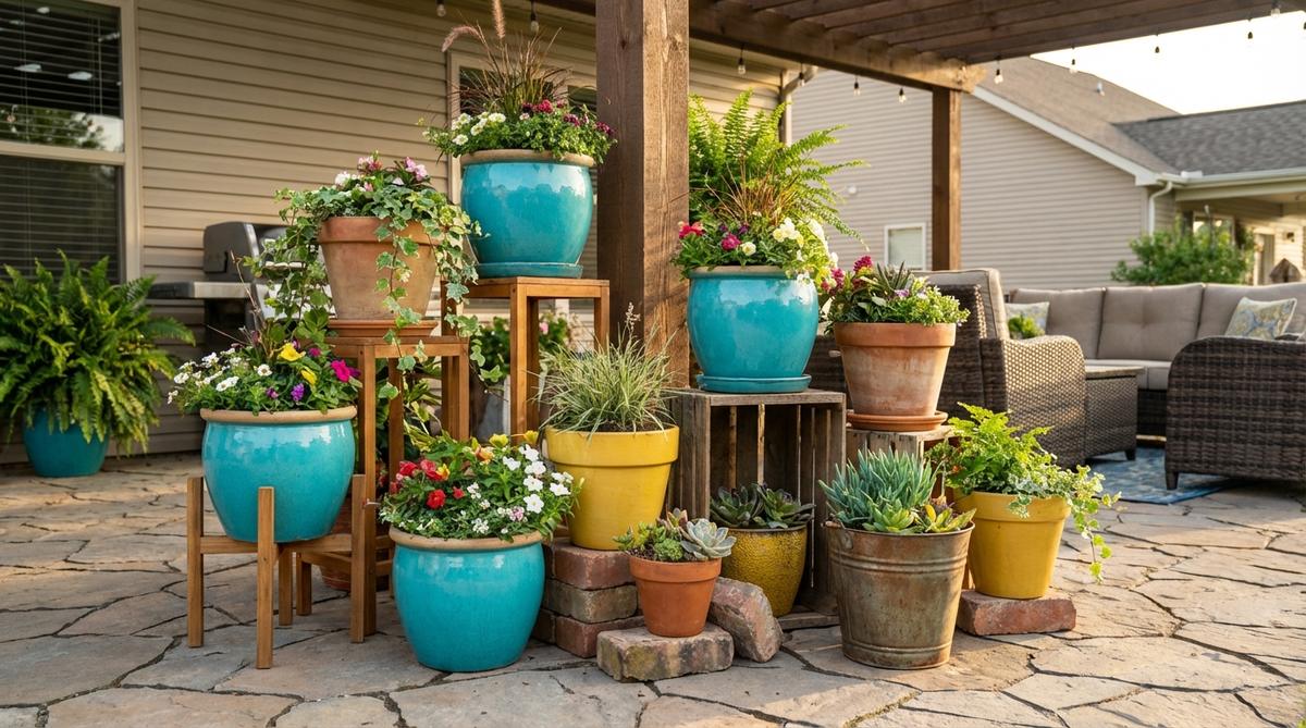 A boho-inspired mixed container garden featuring clustered pots of varying sizes, materials, and heights. Terracotta, ceramic, and metal containers are painted in bright colors or left natural, arranged in odd numbers at different elevations using plant stands, upturned pots, or bricks to create portable gardens with bohemian asymmetry.