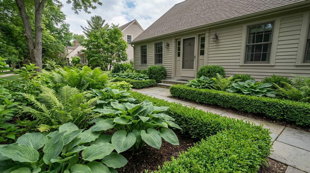 A serene small front garden showcasing a monochromatic green palette with varied textures of ferns, hostas, and boxwoods, creating depth and sophistication without flower colors.