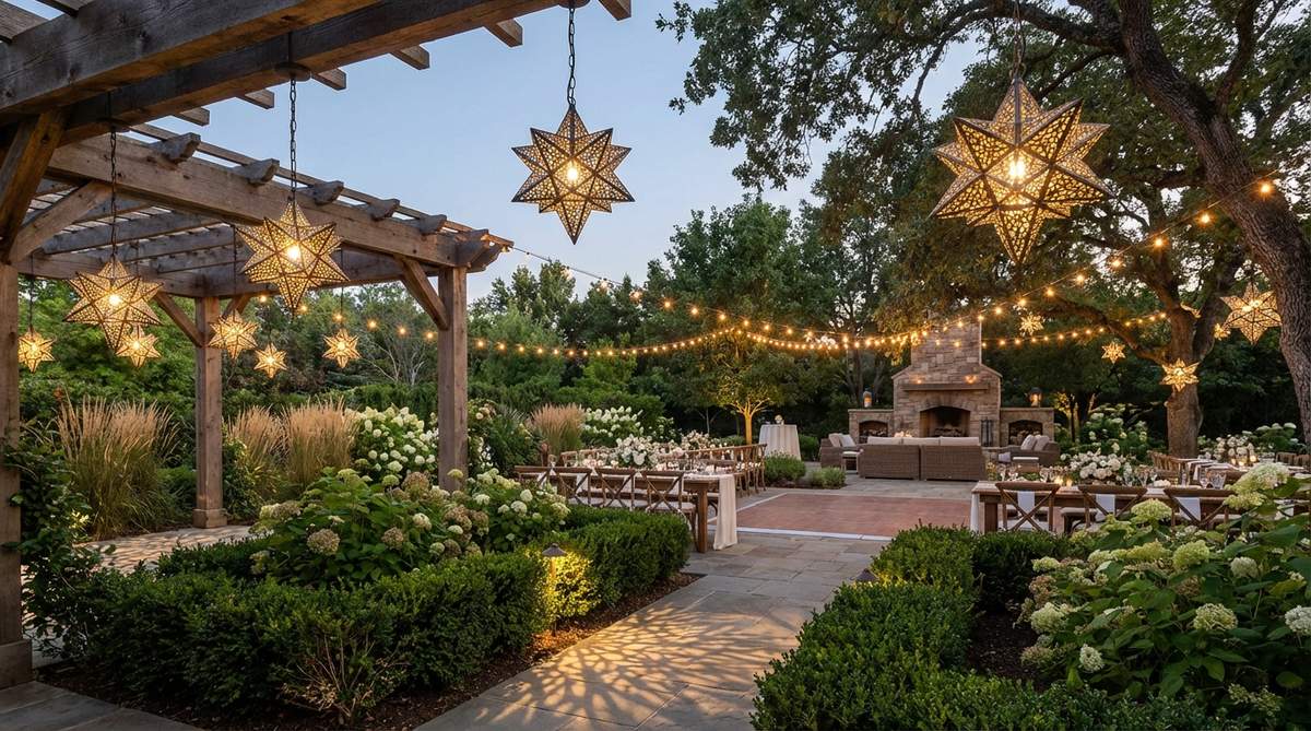 Geometric Moravian star lanterns hanging at different heights in a garden setting, casting intricate shadow patterns and providing sculptural lighting for wedding decor. These heritage craftsmanship elements combine with string lights for layered illumination, creating striking contrast against organic garden shapes and defining reception zones.