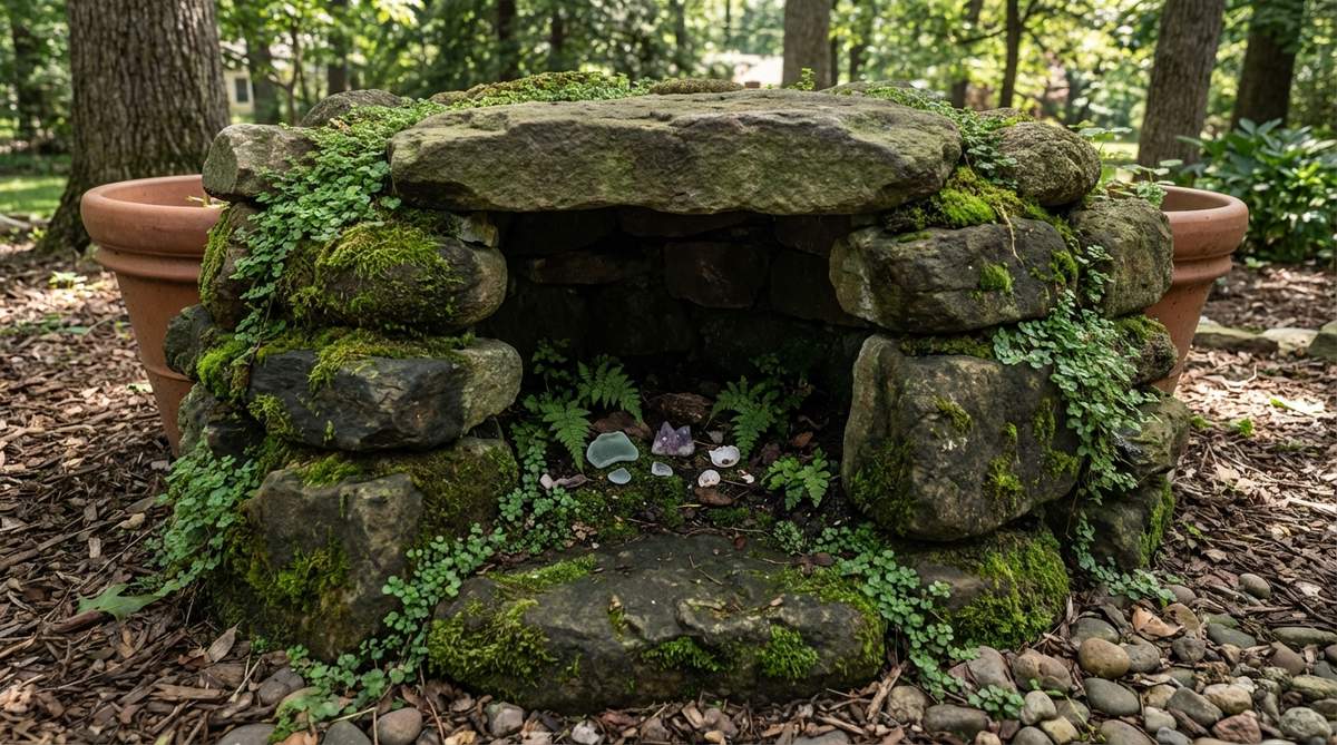 A moss-covered stone grotto arranged in a semicircle with a flat cap stone, creating a cave-like structure perfect for fairy garden aesthetics. The grotto features moss pressed into crevices between stones for an aged, natural look, positioned against container edges with shadowy mystery. Includes small decorative elements like shell fragments, crystals, or beach glass inside as treasure accents, providing ideal growing conditions for shade-loving plants like baby tears or miniature ferns.