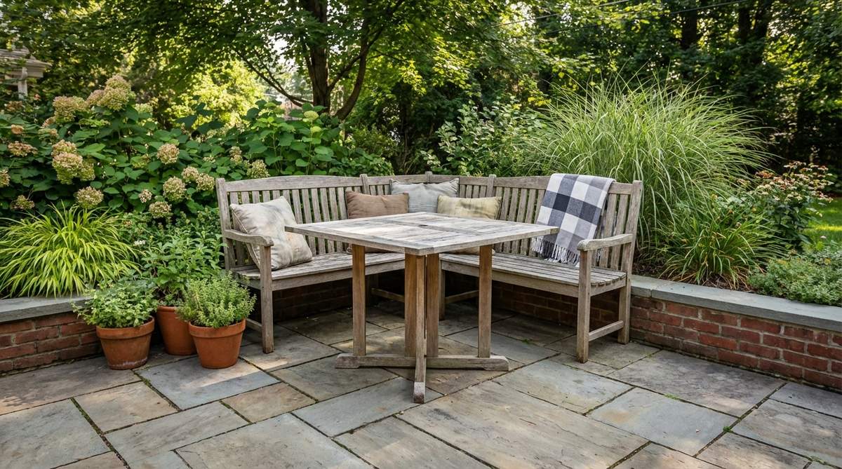 A movable planter with seating in a cozy garden setting, featuring large planters on wheels used as flexible space dividers around corner seating. The image shows tall grasses or shrubs planted in the containers for a screening effect, highlighting the mobility that allows adjustment of the corner's openness based on sun position or privacy needs.
