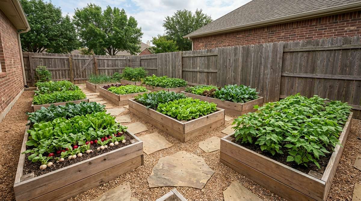 A narrow garden bed approximately 18 inches wide along a side yard pathway, featuring blocks of leafy greens, radishes, and compact bush beans planted to maximize the limited space, with stepping stones connecting multiple beds to create significant growing area in a small backyard.