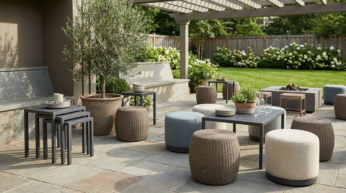A collection of nesting side tables, stools, and ottomans made from weather-resistant materials like powder-coated aluminum or all-weather wicker. The furniture pieces are shown both stacked together in a compact corner arrangement and deployed separately to create additional surfaces for dining and entertaining on an outdoor patio.