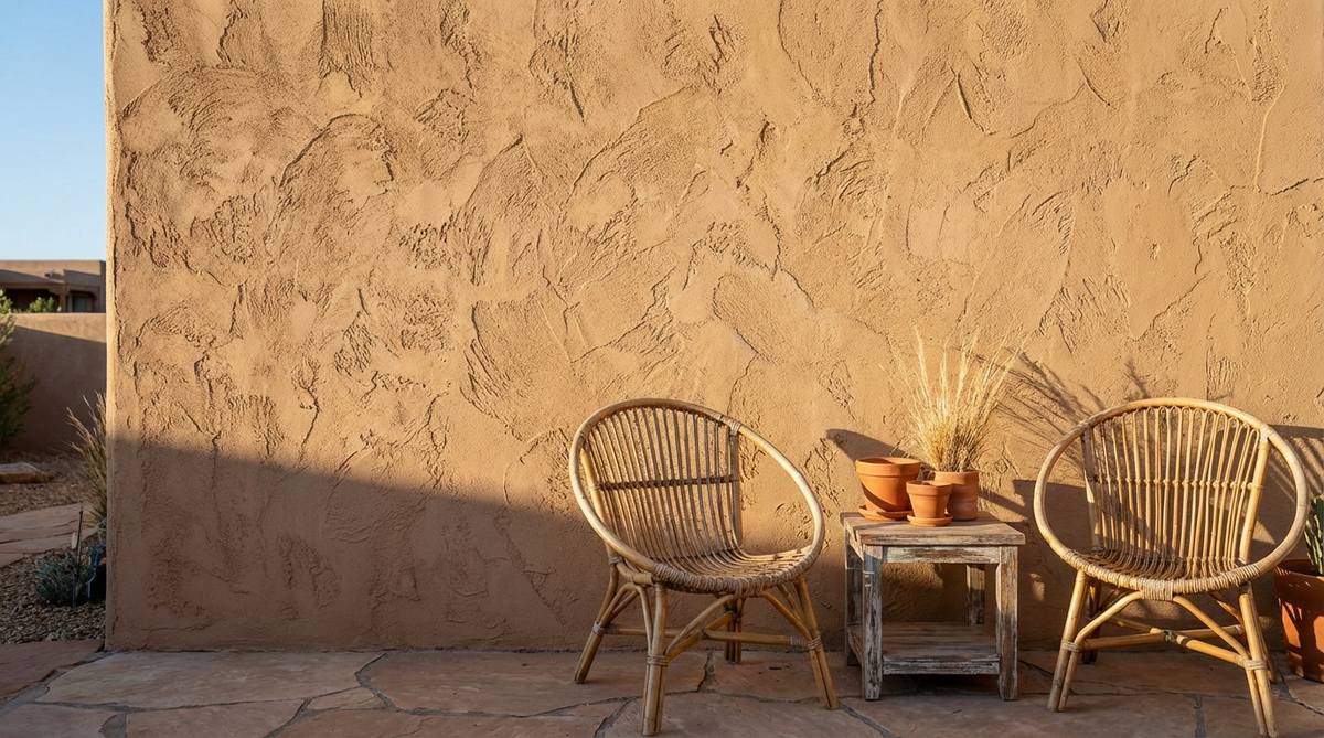 A close-up view of textured wall paint in warm neutral tones like sand, clay, or mushroom, showcasing how the texture beautifully catches natural light throughout the day. This sophisticated backdrop complements bohemian furnishings while maintaining the essential neutral base of modern-boho decor style.