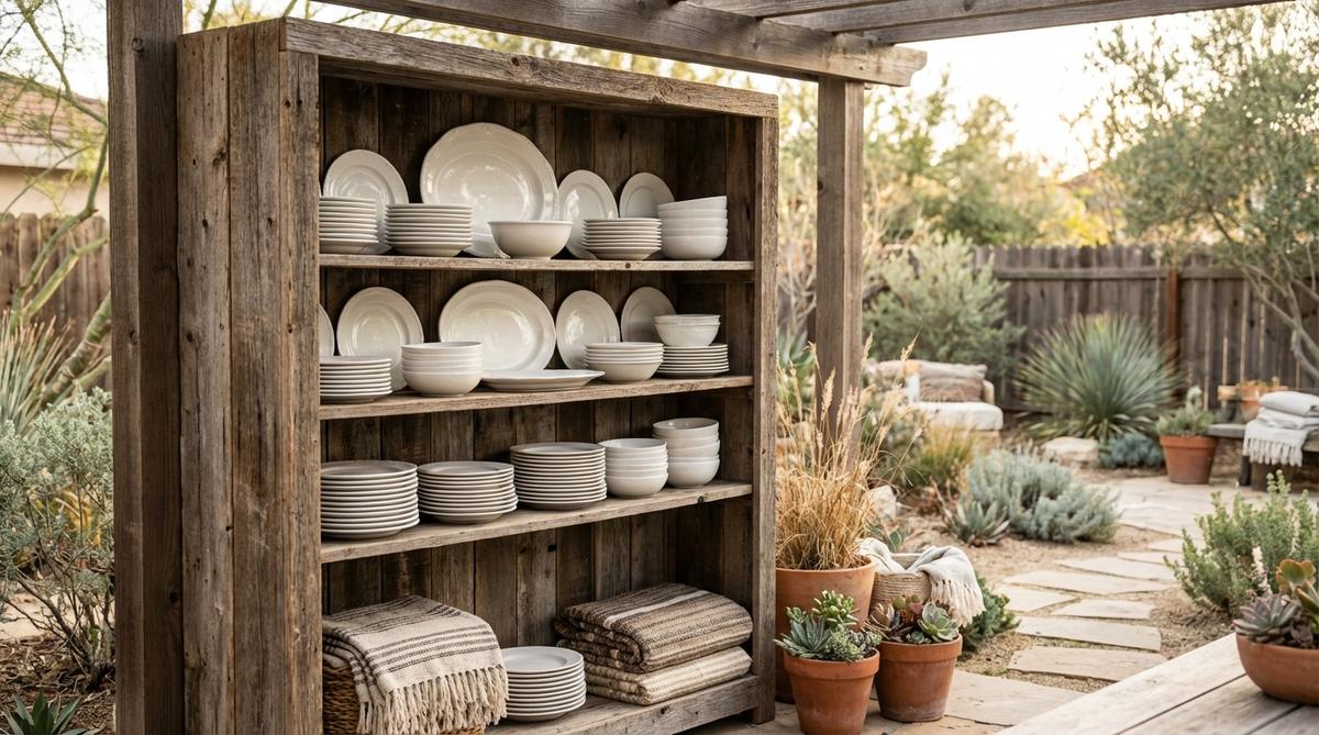 A rustic open shelving unit made from salvaged wood displays a collection of white ironstone plates and platters in a western boho decor setting. The exposed plate racks create visual rhythm while providing functional storage for dinnerware, with larger platters leaned vertically for architectural impact.