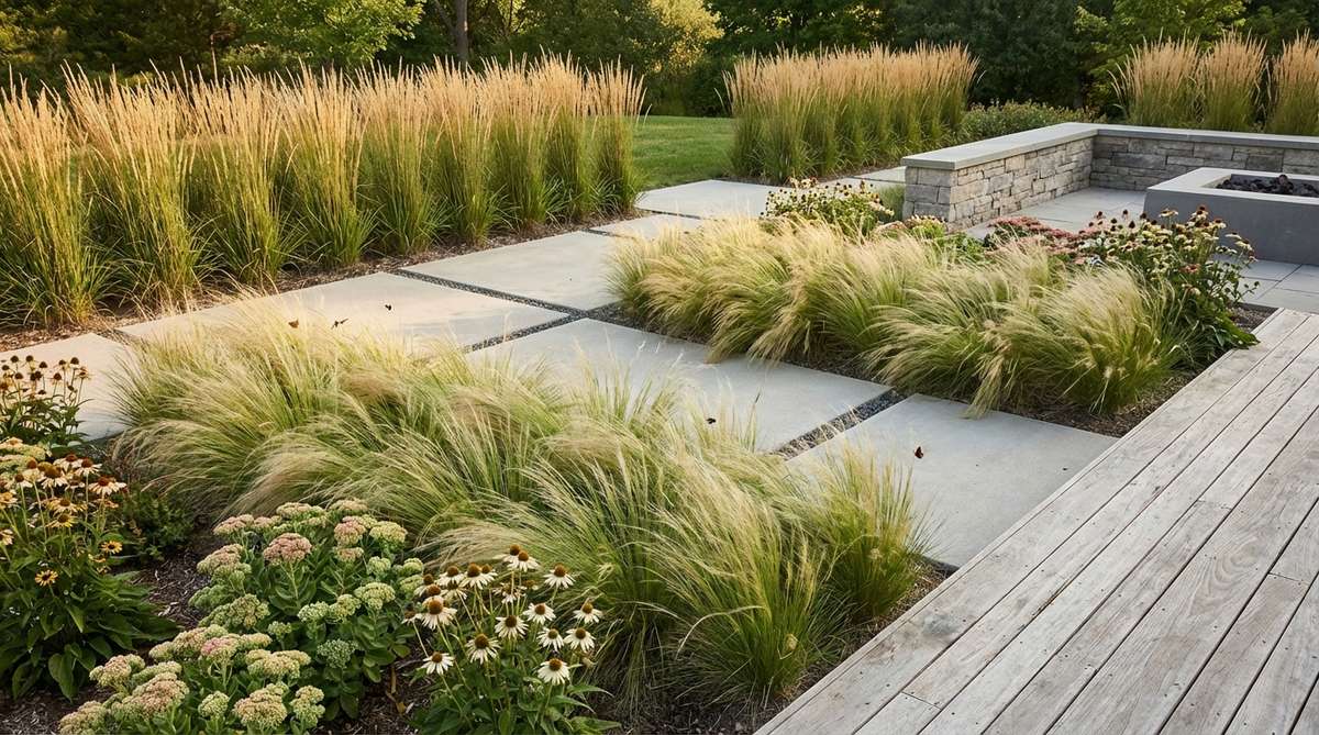 A modern garden scene featuring mass plantings of ornamental grasses, such as Karl Foerster feather reed grass or maiden grass, arranged in rhythmic drifts to create soft texture and movement. The grasses provide contrast against structured layouts and hard surfaces, with groups of 5-7 plants spaced evenly for visual impact. Minimal maintenance and habitat for beneficial insects are highlighted.