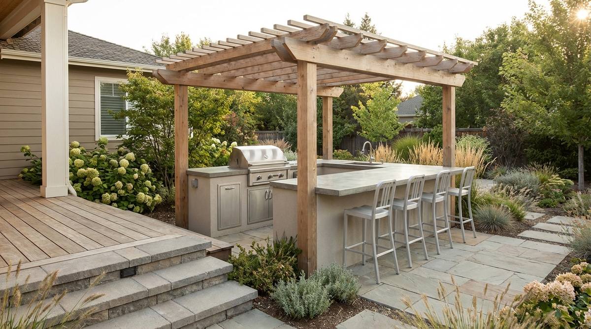 A contemporary outdoor kitchen island featuring a bar-height table with stools, designed for social cooking and dining in a garden setting.