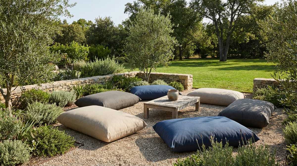 Weatherproof oversized floor cushions arranged as flexible seating in a small garden courtyard, with low profile design maintaining open sightlines across the space.