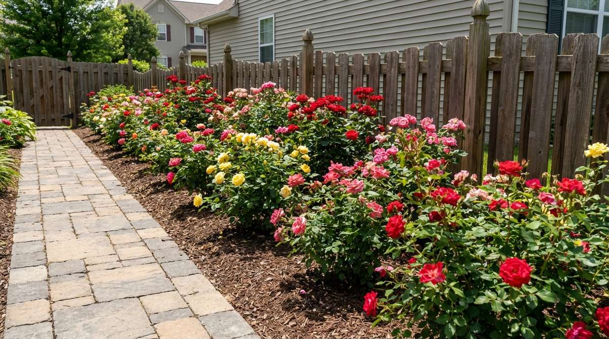 A narrow garden bed flanking a walkway, planted with compact hybrid tea, floribunda, and shrub roses that stay within boundaries for easy viewing and maintenance.