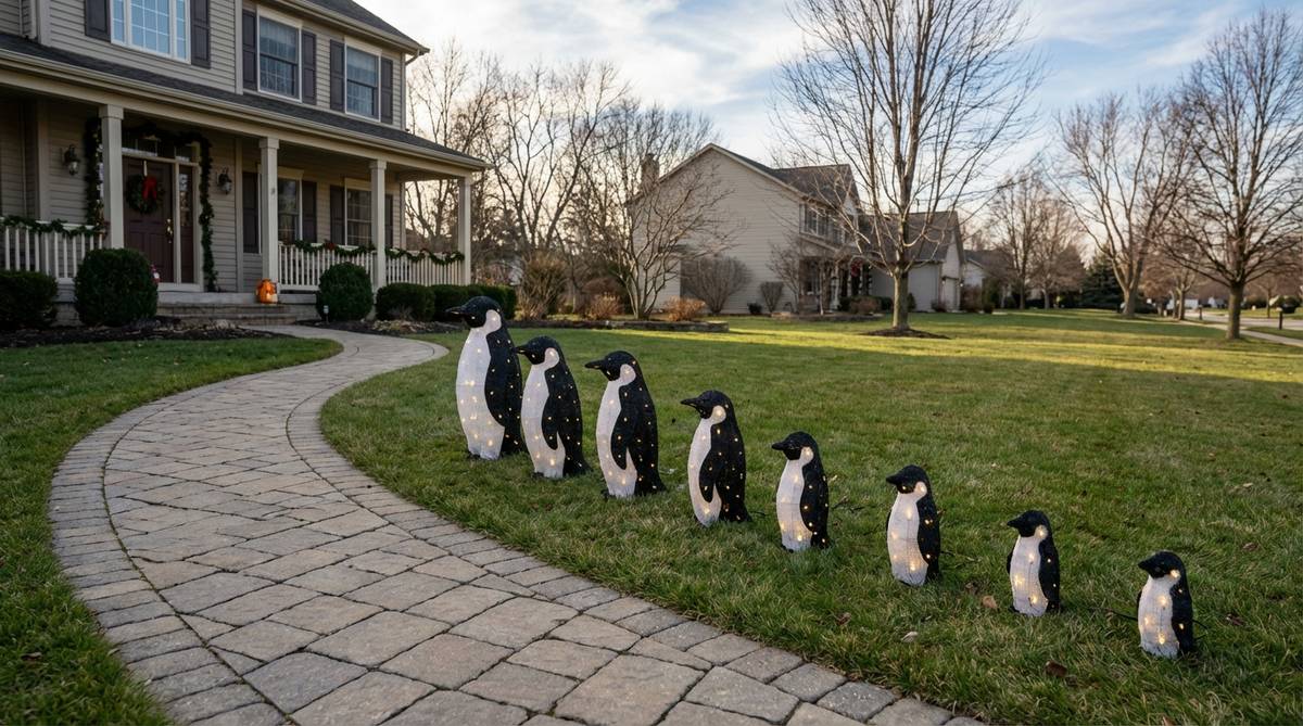A charming outdoor Christmas decor featuring a procession of penguin figures in diminishing sizes, arranged across lawns or pathways. This non-traditional winter-themed collection offers fresh appeal with LED-lit versions in black and white, perfect for creating a festive visual progression in your landscape.