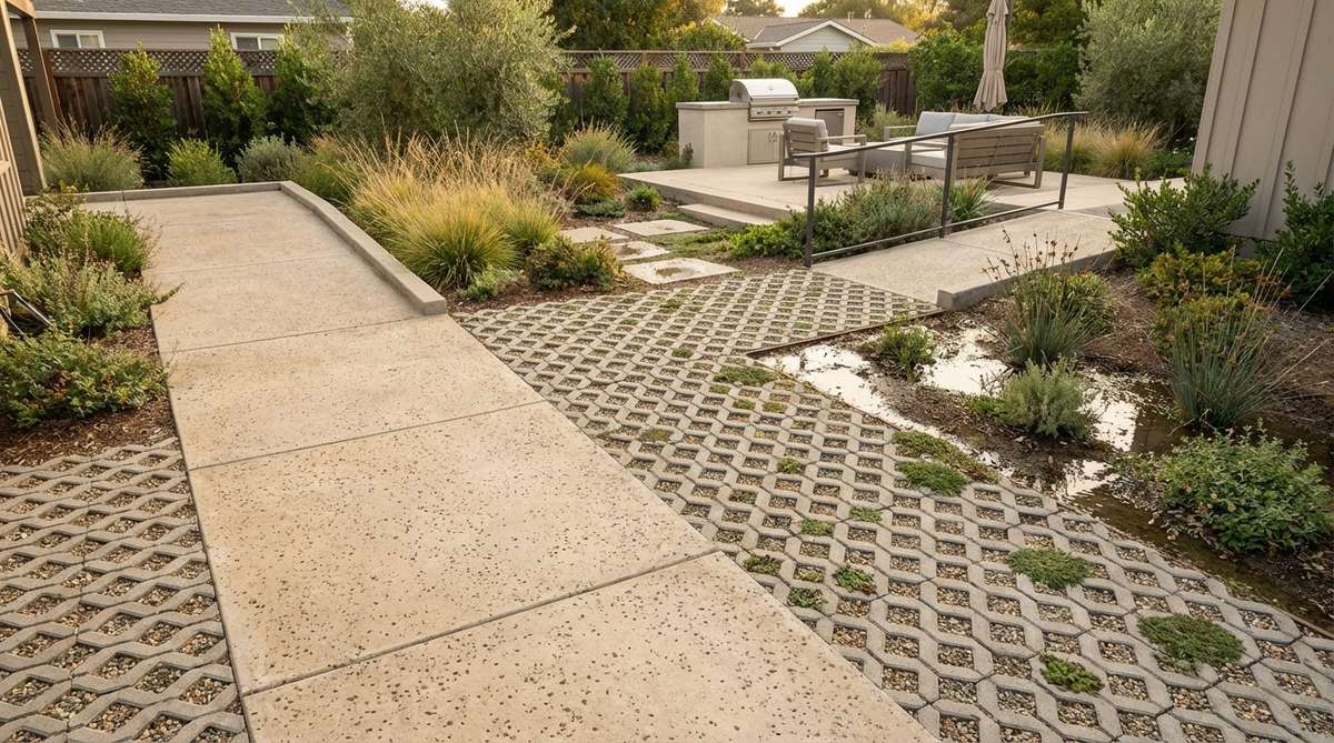 A modern garden showcasing permeable surface integration with porous concrete and grid systems that allow rainwater to penetrate the soil, reducing runoff and irrigation needs while meeting ADA accessibility requirements.