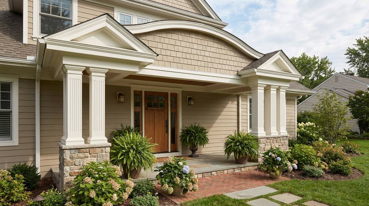 A covered entry structure with classical pediments and columns, providing weather protection and architectural gravitas to an outdoor porch, sized to span the door and sidelights for balanced proportions, with curved or arched rooflines to soften boxy facades.