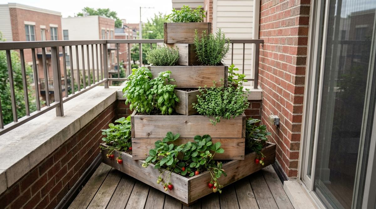 A vertical garden planter with stacked square boxes decreasing in size to form a pyramid shape, each level rotated 45 degrees for optimal light exposure. Ideal for growing herbs and strawberries in compact balcony spaces.