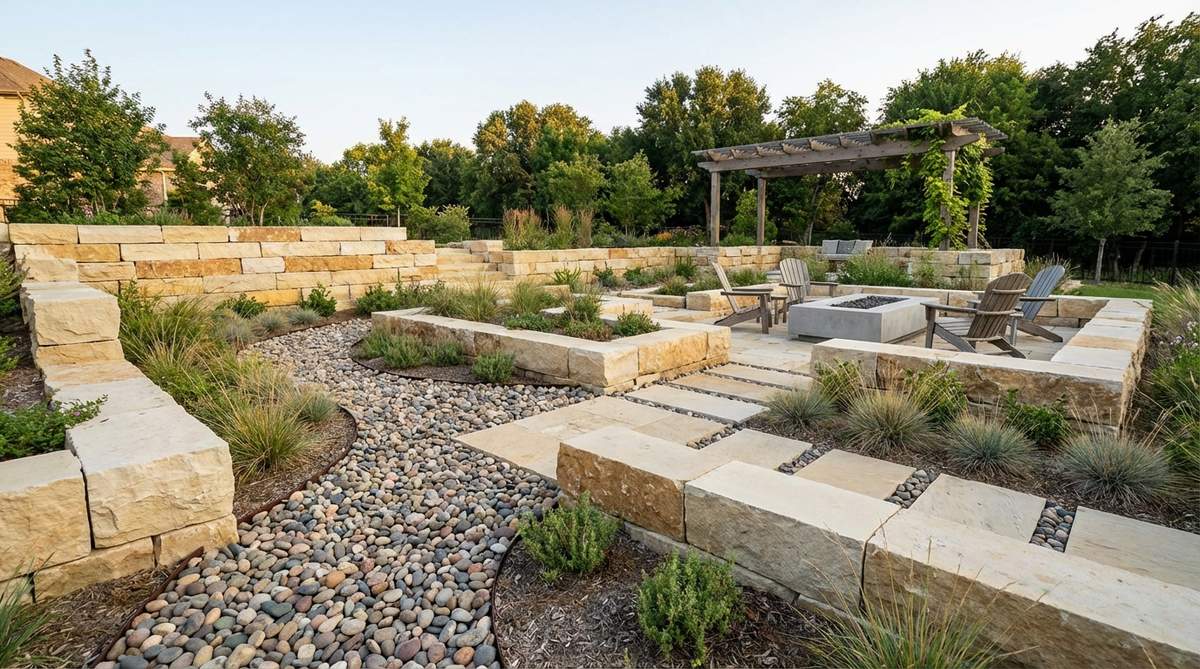 A contemporary garden design featuring geometric limestone or sandstone blocks juxtaposed with organic river pebbles. The contrast between angular quarried stone and rounded pebbles creates visual tension, highlighting the interplay between manufactured and natural materials in landscape architecture.