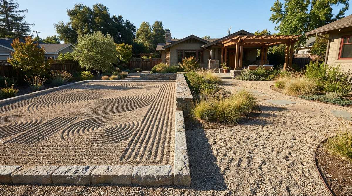 A comparison image showing the contrast between raked gravel patterns in formal garden areas and loosely scattered gravel in informal zones. The raked section demonstrates precise geometric patterns using 3/8-inch crushed granite, while the loose gravel area shows a more natural, contemporary arrangement. This visual illustrates how different gravel treatments can bridge traditional Japanese garden influences with modern design elements within a single garden composition.