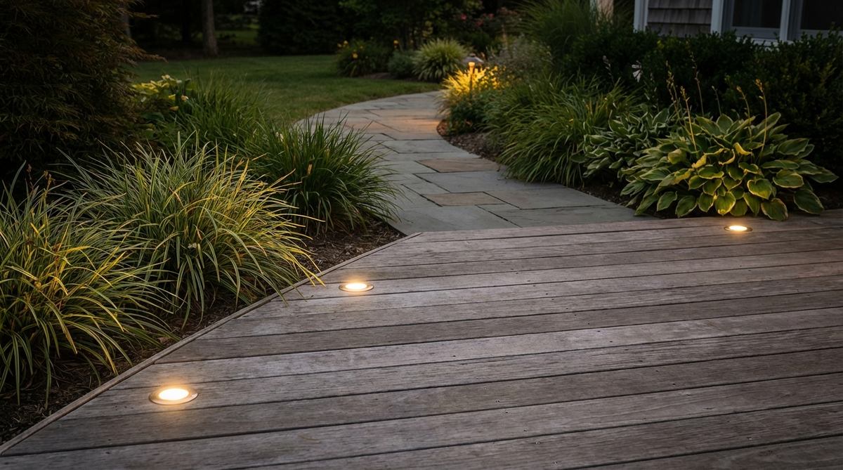 A close-up view of recessed LED deck floor lighting installed flush with a wooden terrace surface, illuminating a pathway with warm white light to enhance safety and ambiance in a garden setting.