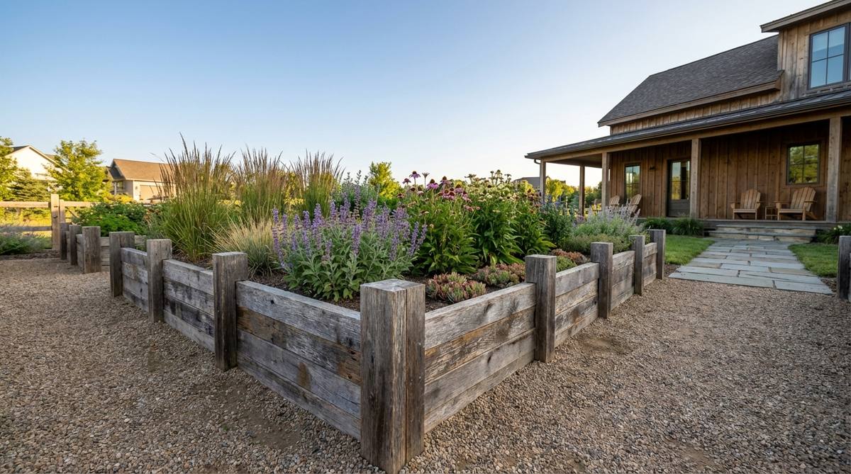 A modern garden bed featuring reclaimed wood, such as salvaged barn wood, fence boards, or pallet lumber, showcasing its unique texture and historical character. The wood adds rustic charm while promoting sustainability by diverting materials from landfills, with a weathered patina that requires no additional finish.
