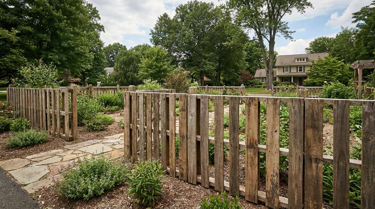 A rustic garden fence made from reclaimed wood pallets, featuring weathered boards with varied widths and natural distressing for a sustainable and unique aesthetic.