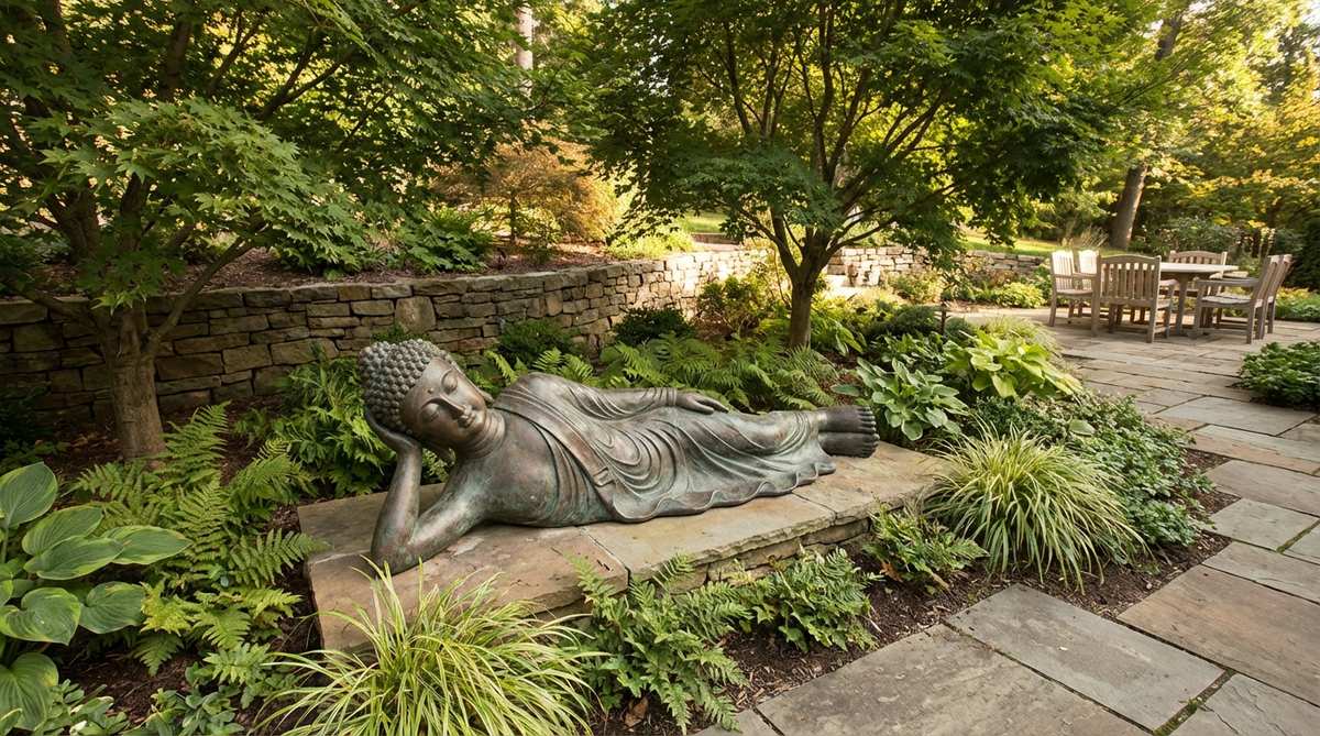 A serene reclining Nirvana Buddha statue in bronze or aged stone, ideal for garden decor. This horizontal figure, 36-48 inches long, represents Buddha's transition to nirvana with a peaceful expression and relaxed posture. Perfect for placement on low platforms or stone patios in lower garden levels to convey ultimate serenity without overwhelming the space.
