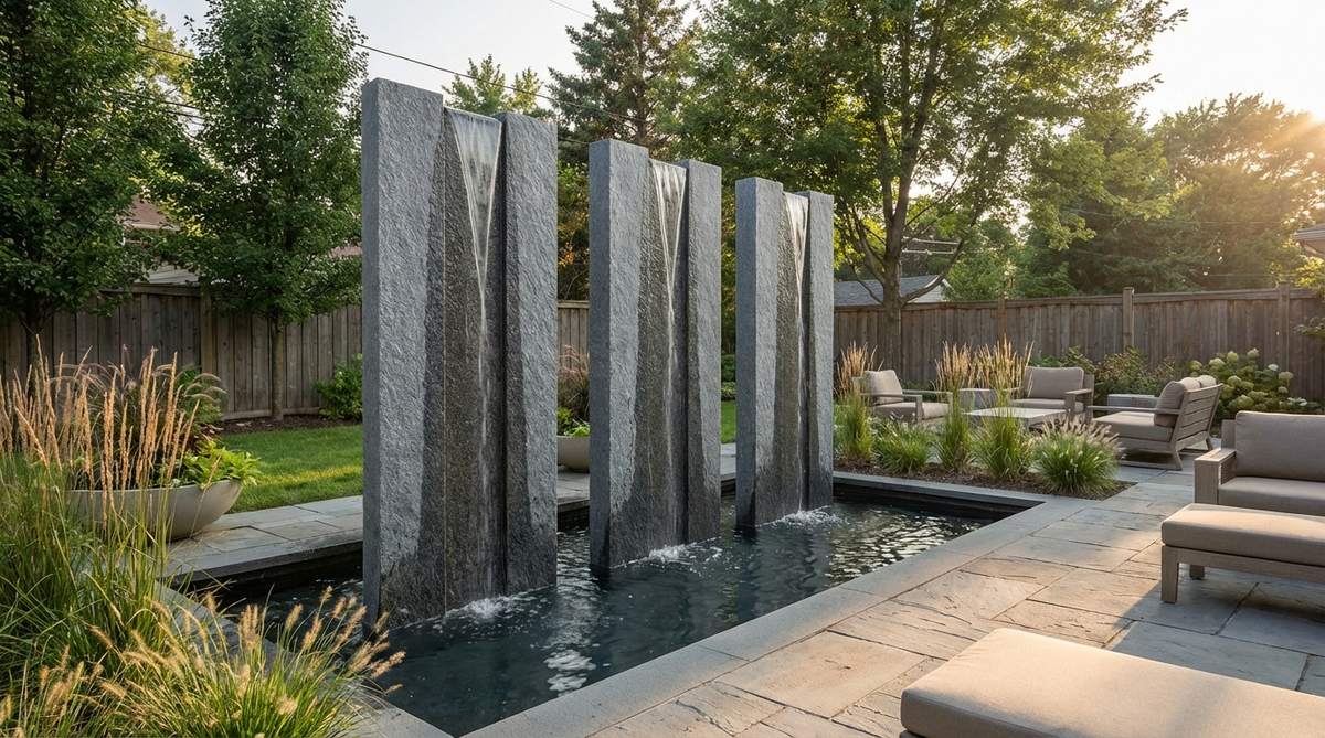 A modern rectangular blade fountain featuring thin vertical stone slabs with water cascading down their narrow faces, creating dramatic vertical water walls. This architectural fountain design is ideal for contemporary landscapes and corporate installations, with striking silhouettes when illuminated at night.
