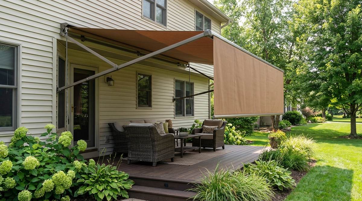 A retractable awning installed over a small garden deck seating area, providing adjustable shade and weather protection. The canopy is mounted to the house wall above the deck, with water-resistant fabric in a color that complements the decking material.