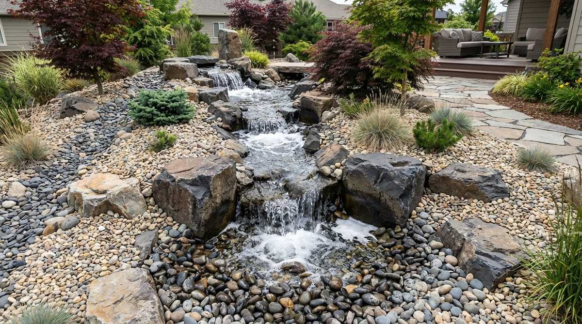 A contemporary Japanese garden water feature where a stream flows through a dry rock garden, creating dramatic visual contrast between the arid stone landscape and the flowing water. The stream channel features pronounced elevation changes that produce splashing sounds, making this water feature both a visual and acoustic focal point in the garden design.