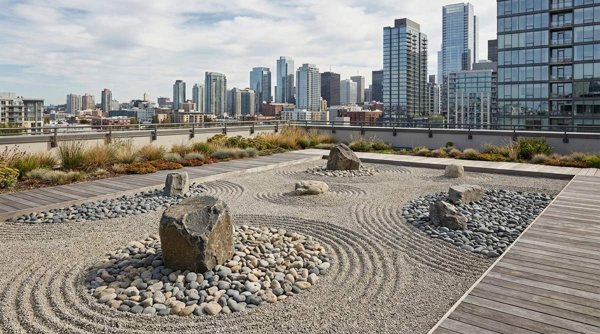 A modern Japanese rock garden installation on an urban rooftop, featuring lightweight pumice stones and thin gravel layers arranged in contemplative patterns. The design incorporates heavier anchor stones to withstand wind, with city skylines visible in the background creating a striking contrast between traditional Zen aesthetics and contemporary architecture. The elevated position offers privacy and expansive sky views that enhance the meditative experience.