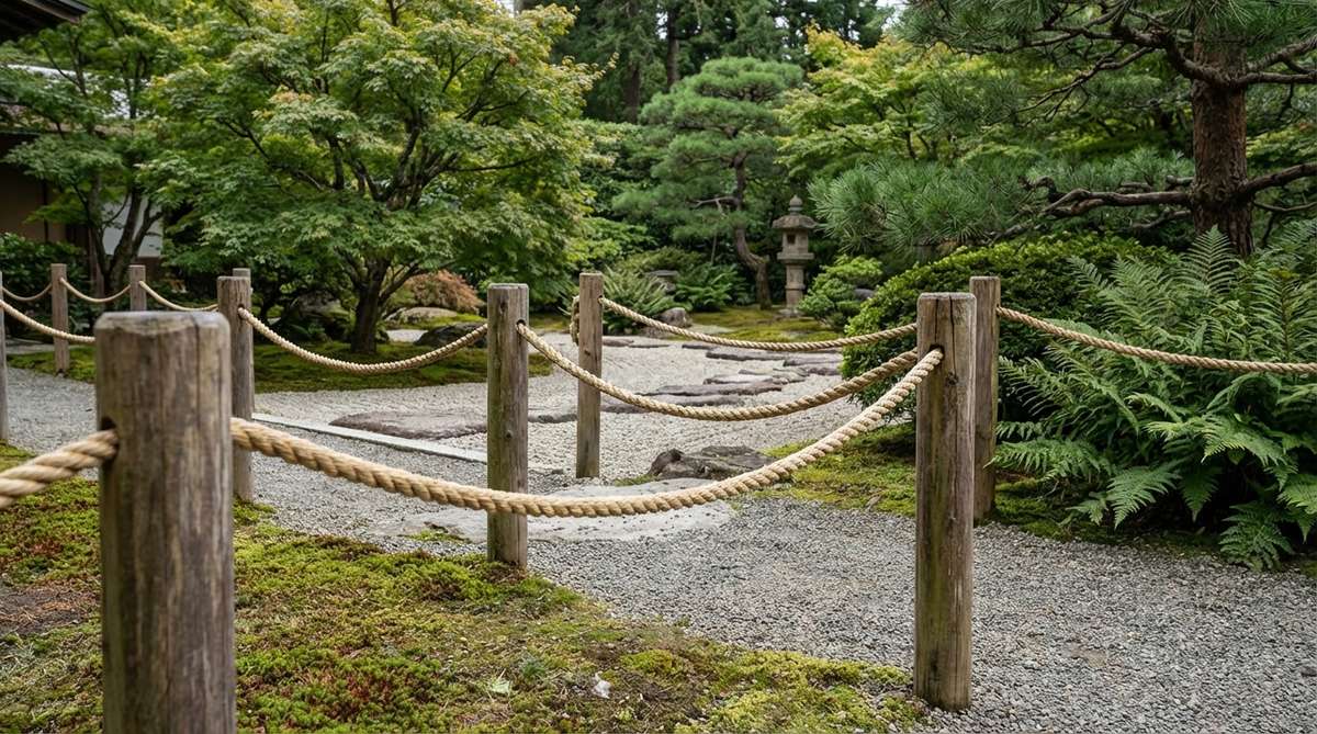 Natural fiber ropes stretched between wooden posts at hip height, creating a soft boundary in a Japanese garden. The hemp or manila ropes with slight sag define spaces while preserving open sight lines, embodying traditional Japanese outdoor decor principles of impermanence and subtle spatial division.