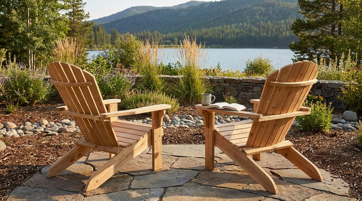 Classic rustic Adirondack chairs made from rough-sawn cedar or pine, featuring a sloped-back design for comfortable outdoor seating. These chairs have wide arms perfect for holding drinks and books, ideal for lakeside, mountain, or country properties. They encourage relaxation in garden spaces with their reclined posture and can be left unfinished to weather naturally.