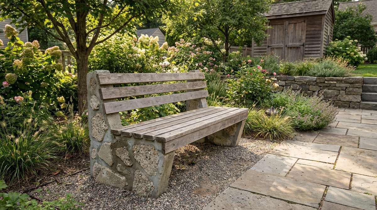 A character-rich modern garden bench created using salvaged materials, featuring broken concrete pieces as aggregate and weathered fence boards for slats. This hybrid construction method combines reclaimed concrete embedded in fresh pours for exposed aggregate effects with sanded, splinter-free old wood, reducing material costs by 40-50% while delivering unique, imperfect aesthetics perfect for cottage gardens.