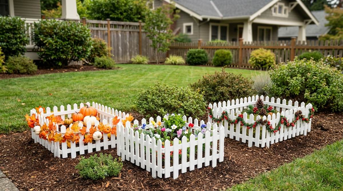 A modular mini garden fence system with interchangeable holiday-themed sections. Shows white picket bases with removable seasonal accessories like tiny pumpkins for fall, miniature flowers for spring, and red/green decorations for winter. Demonstrates how rotating fence colors and ornaments allows terrarium displays to be updated throughout the year with maximum seasonal flexibility.