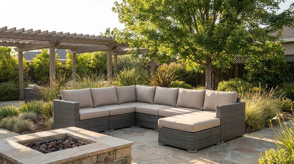 Modern garden furniture featuring an L-shaped sectional conversation grouping with a chaise extension. The modular design allows for flexible reconfiguration, with consistent seat height and back support across all pieces. Includes armrests at both ends for versatile seating positions, neutral cushions that can be accessorized with seasonal pillows, and synthetic materials for minimal maintenance.