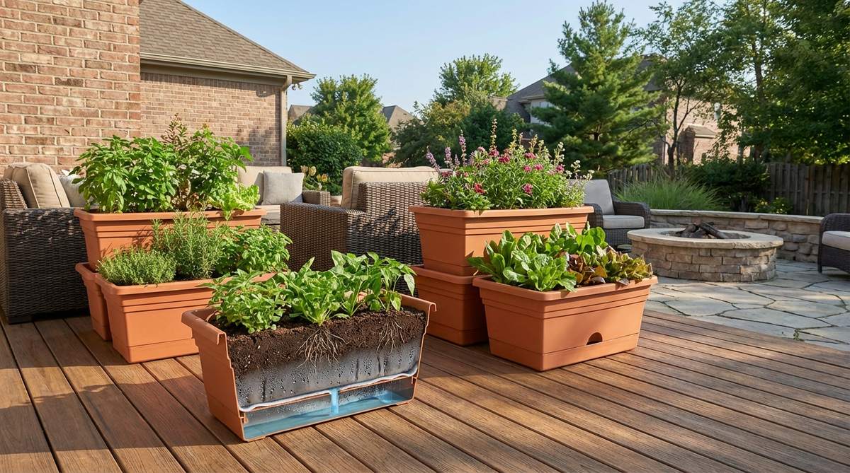 An image showing self-watering reservoirs in small garden containers, illustrating how built-in water reservoirs wick moisture upward to plant roots, reducing maintenance and preventing overwatering for busy urban gardeners.
